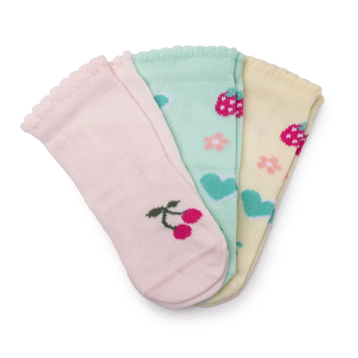 HelloBaby Girls Pack of 3 Ankle Socks Fruit Print Cotton Rich - Yellow - Image 3