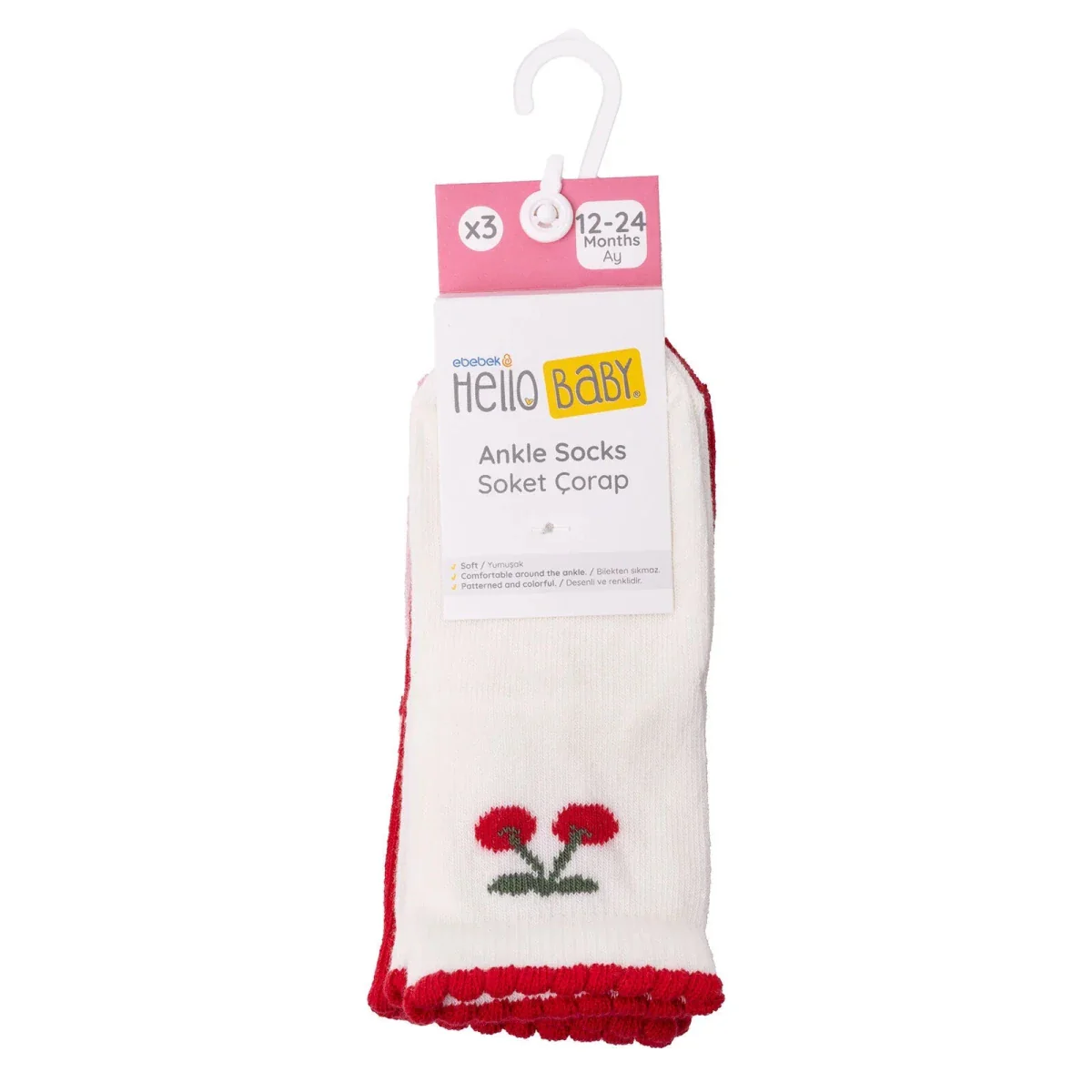 HelloBaby Girls Pack of 3 Ankle Socks Fruit Print Cotton Rich - Red - Image 6