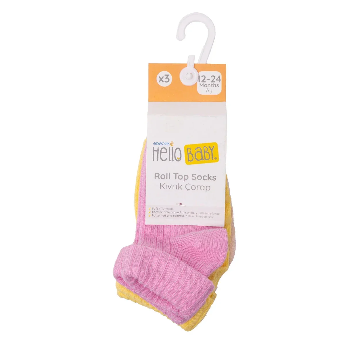 HelloBaby Girls Pack of 3 Rolled-Edge Socks Cotton Rich - Light Pink - Image 6