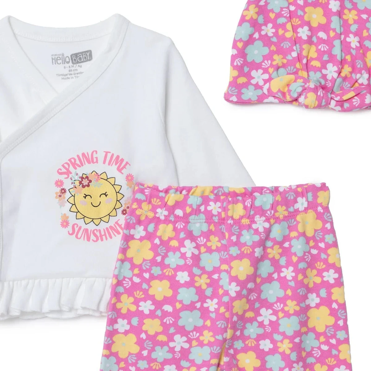 HelloBaby Girls Vest Hat & Footed Bottom Set Floral Print V-Neck - Pink - Image 3