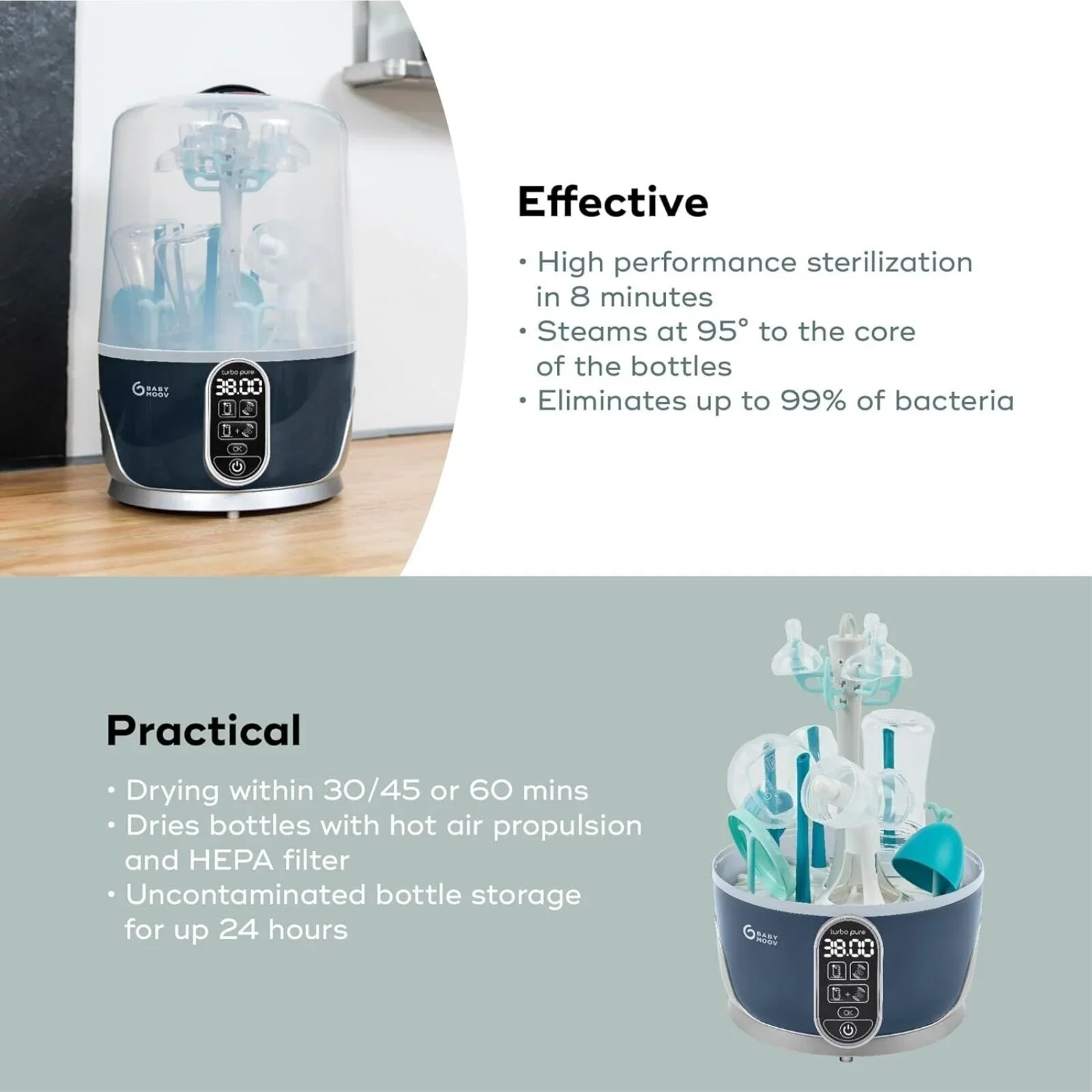 Babymoov Turbo Pure 3-in-1 Steriliser & Dryer & Purified Bottle Storage - Image 3