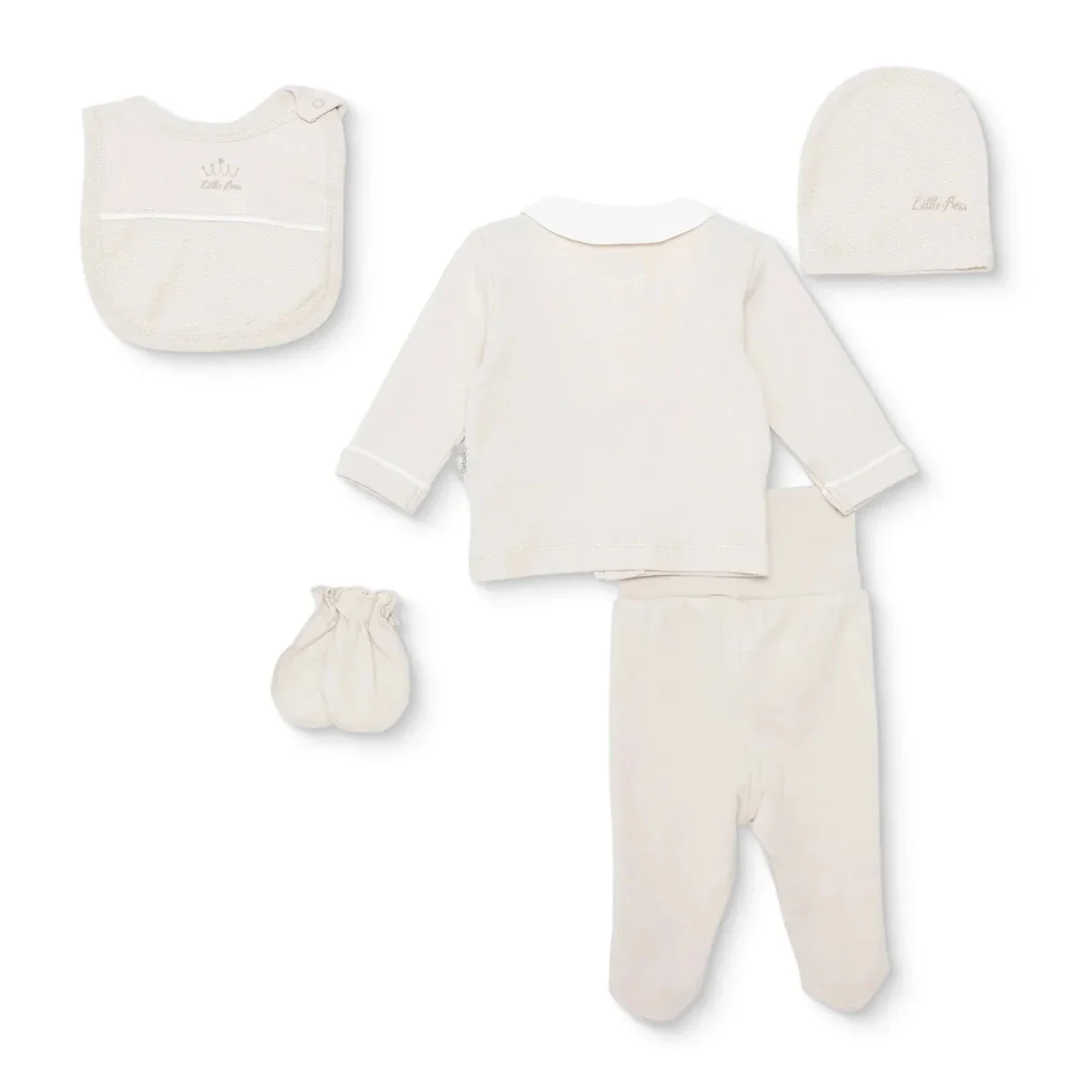 Bebetto Boys 5-Piece Newborn Hospital Set Snap Fastening Little Boss Shirt Collar Full Length Long S - Beige - Image 2
