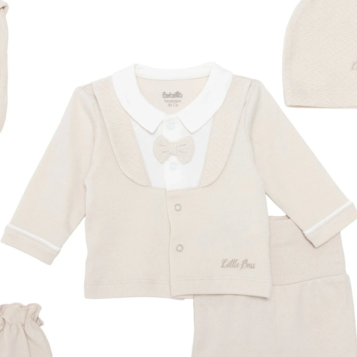 Bebetto Boys 5-Piece Newborn Hospital Set Snap Fastening Little Boss Shirt Collar Full Length Long S - Beige - Image 3