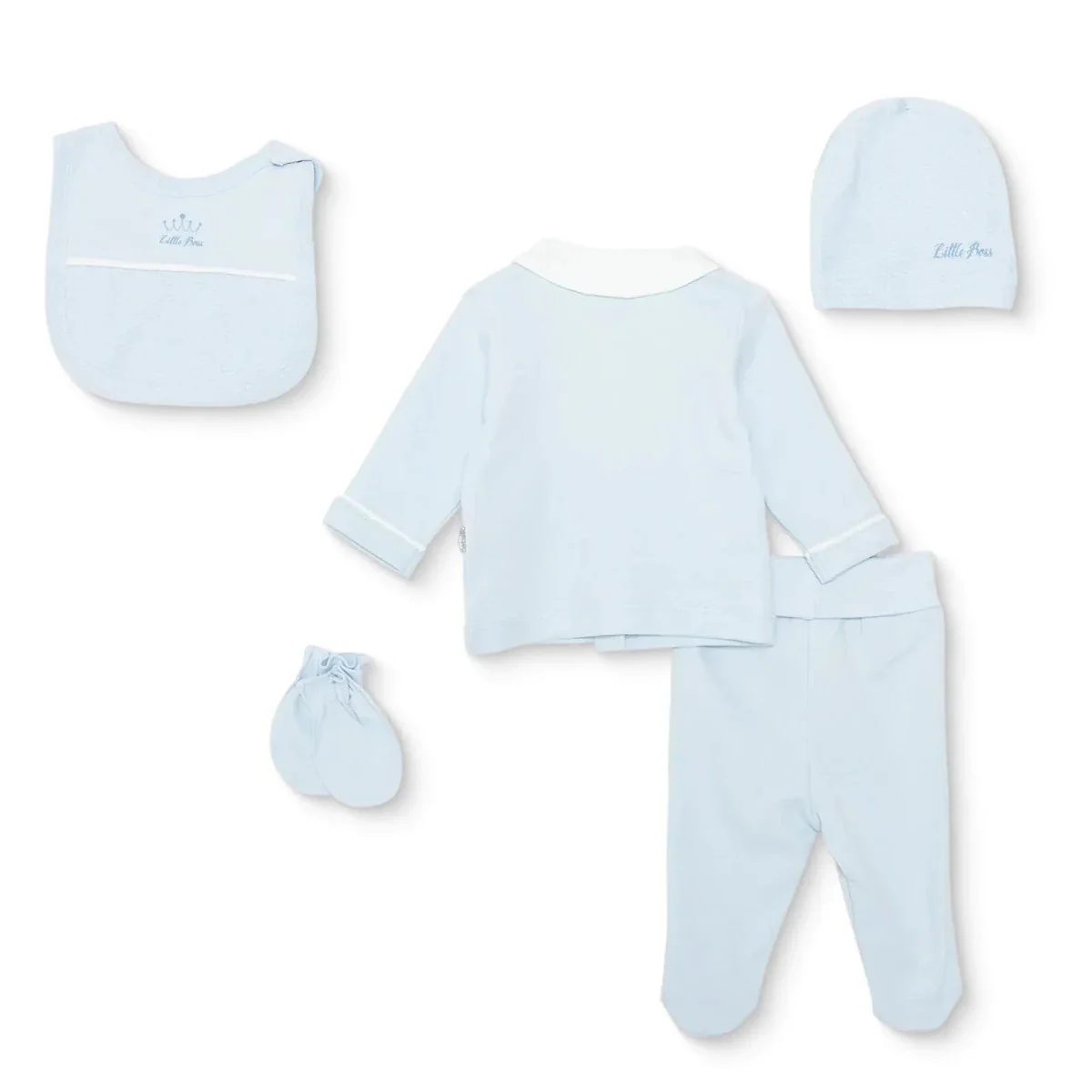 Bebetto Boys 5-Piece Newborn Hospital Set Snap Fastening Little Boss Shirt Collar Full Length Long S - Blue - Image 2