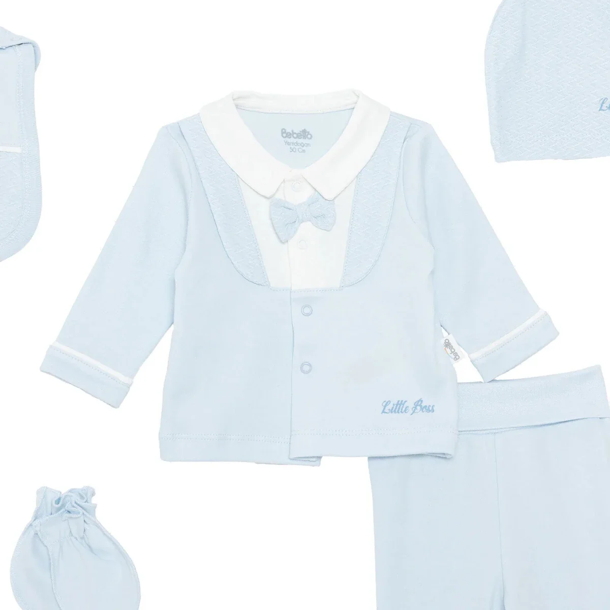 Bebetto Boys 5-Piece Newborn Hospital Set Snap Fastening Little Boss Shirt Collar Full Length Long S - Blue - Image 3