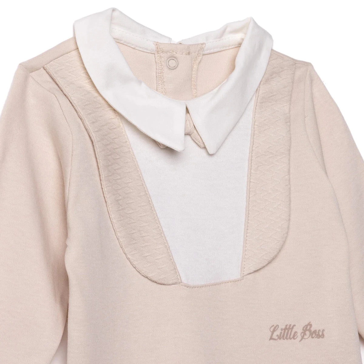 Bebetto Boys Footed Sleepsuit Snap Fastening Little Boss Shirt Collar Full Length Long Sleeve - Beige - Image 3