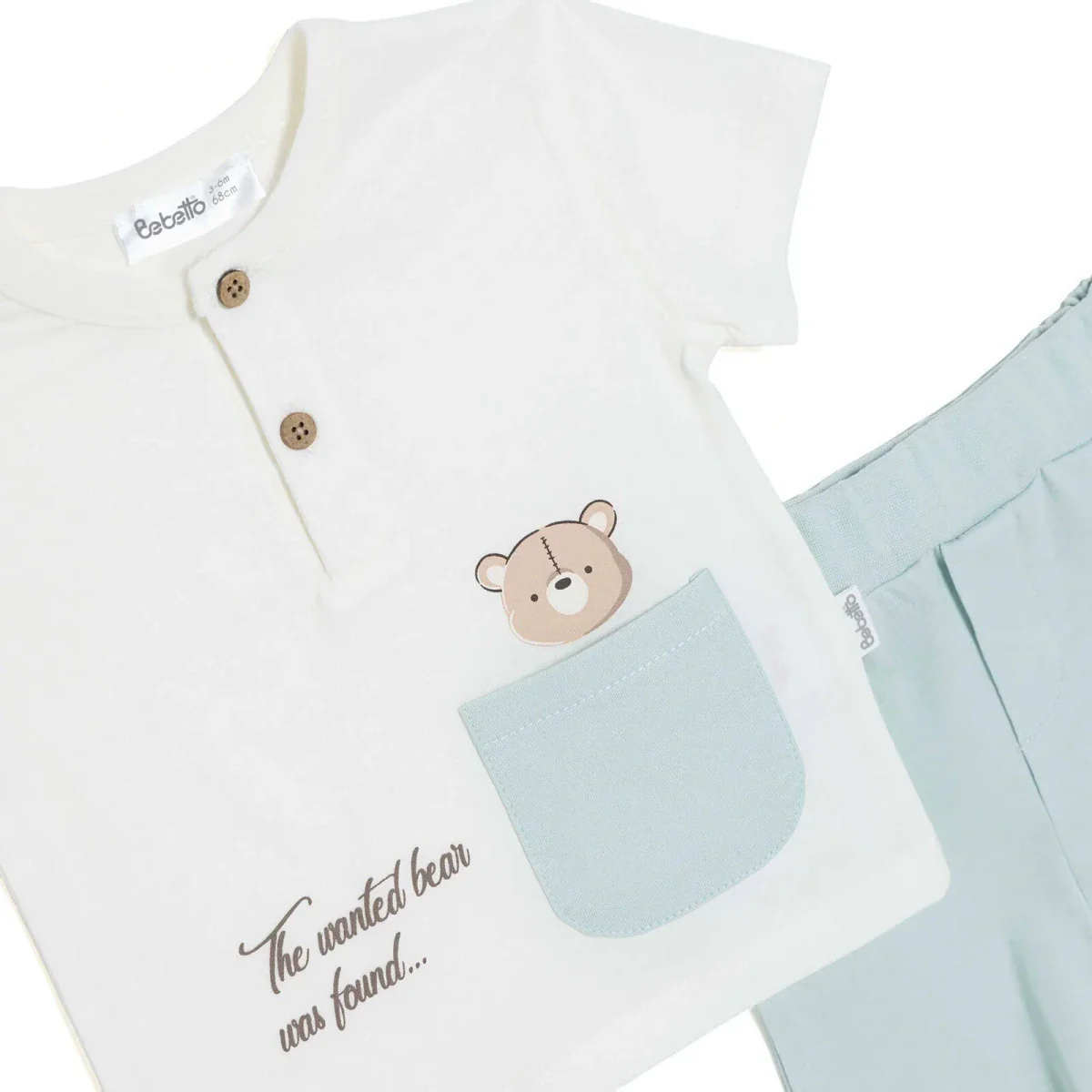 Bebetto Boys T-shirt & Shorts Set Bear Print Buttoned Hello Crew Neck Short Length Short Sleeve - Multicolour - Image 3