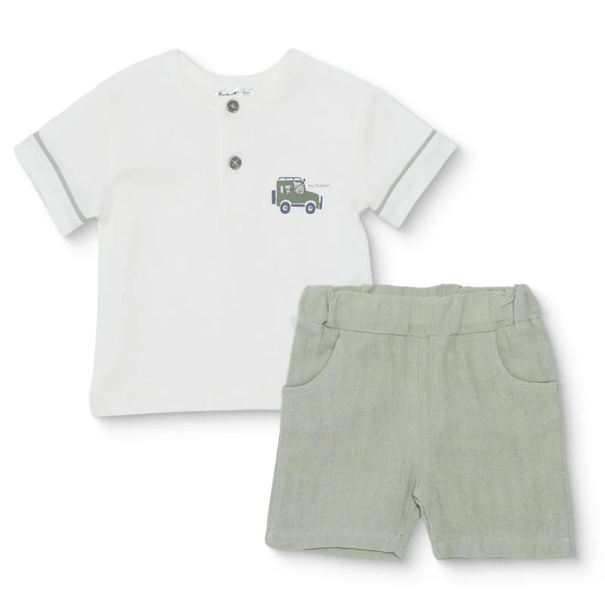 Bebetto Boys Muslin T-shirt & Shorts Set Car Print - Green