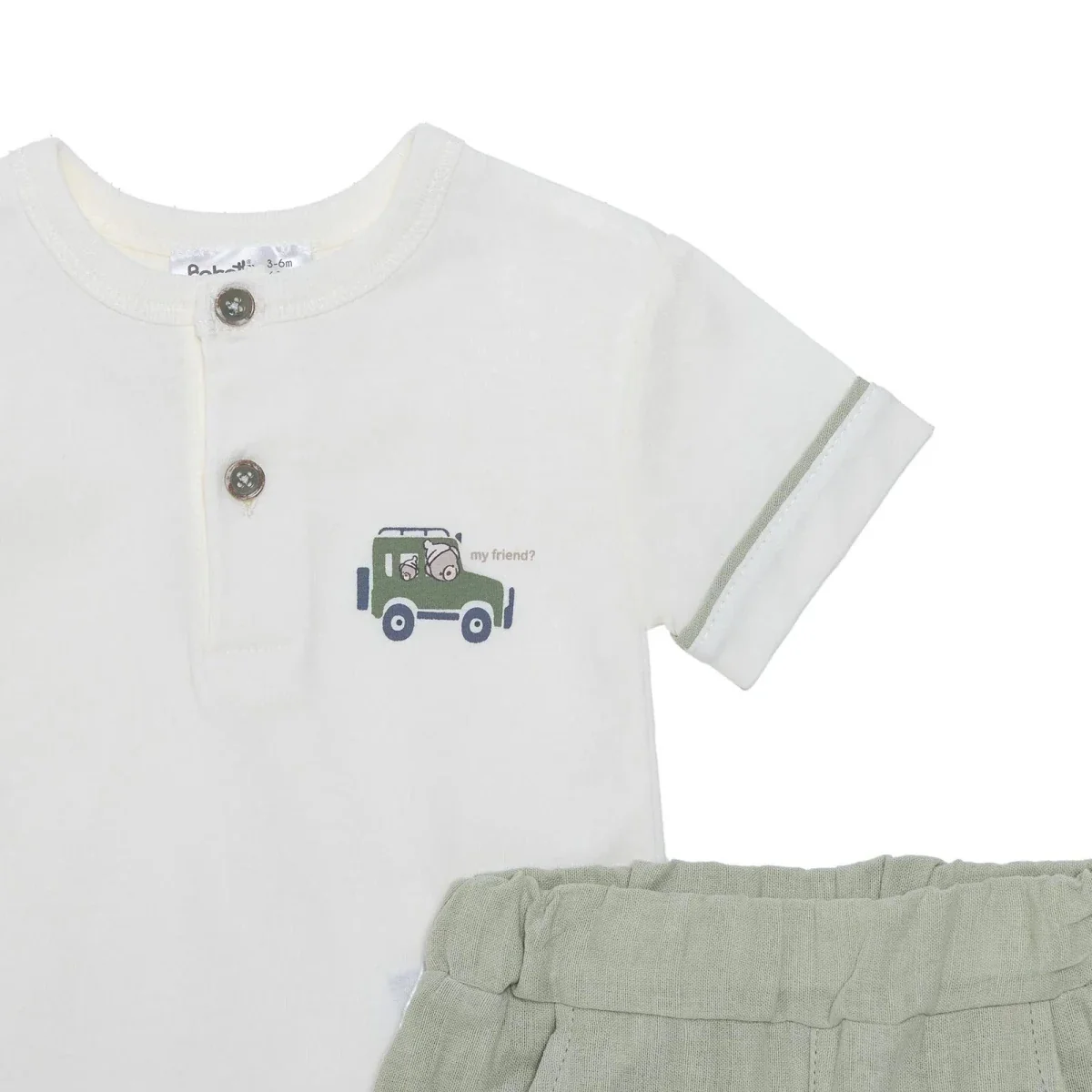 Bebetto Boys Muslin T-shirt & Shorts Set Car Print - Green - Image 5