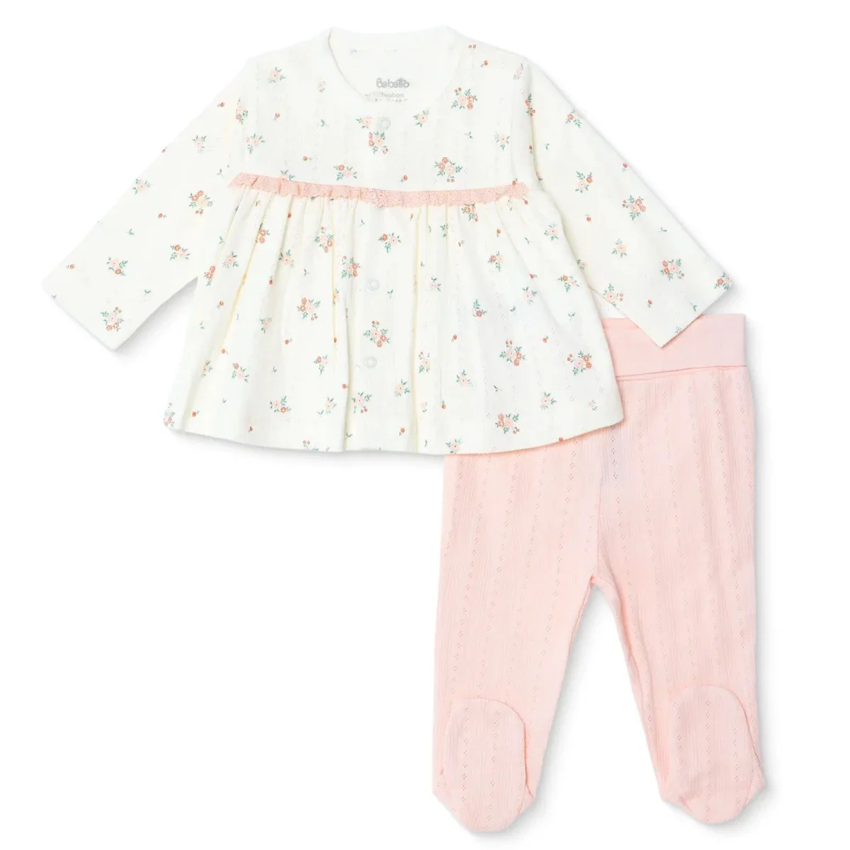 Bebetto Girls Cardigan & Footed Trousers Set Floral Print - Pink