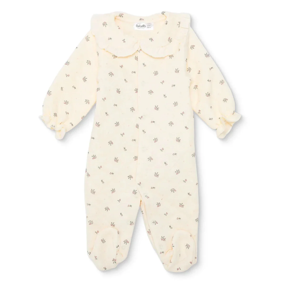 Bebetto Girls Footed Sleepsuit Floral Print Snap Fastening Petite Fleurs Frill Neck Full Length Long - Ecru