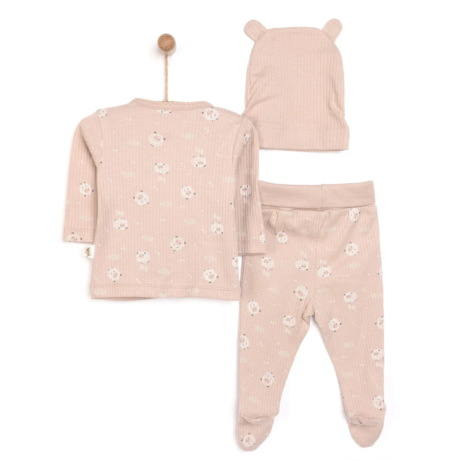 Bebetto Newborn Baby Girl Top-Footed Jumpsuit- Hat - Beige - Image 2