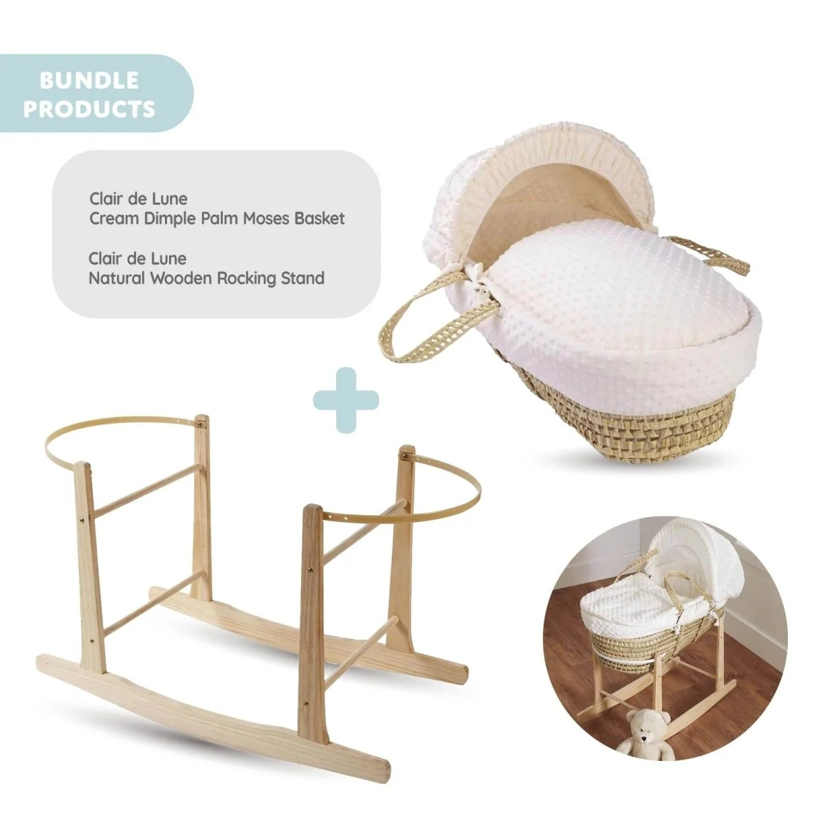 Clair de Lune Cream Dimple Palm Moses Basket with Rocking Stand