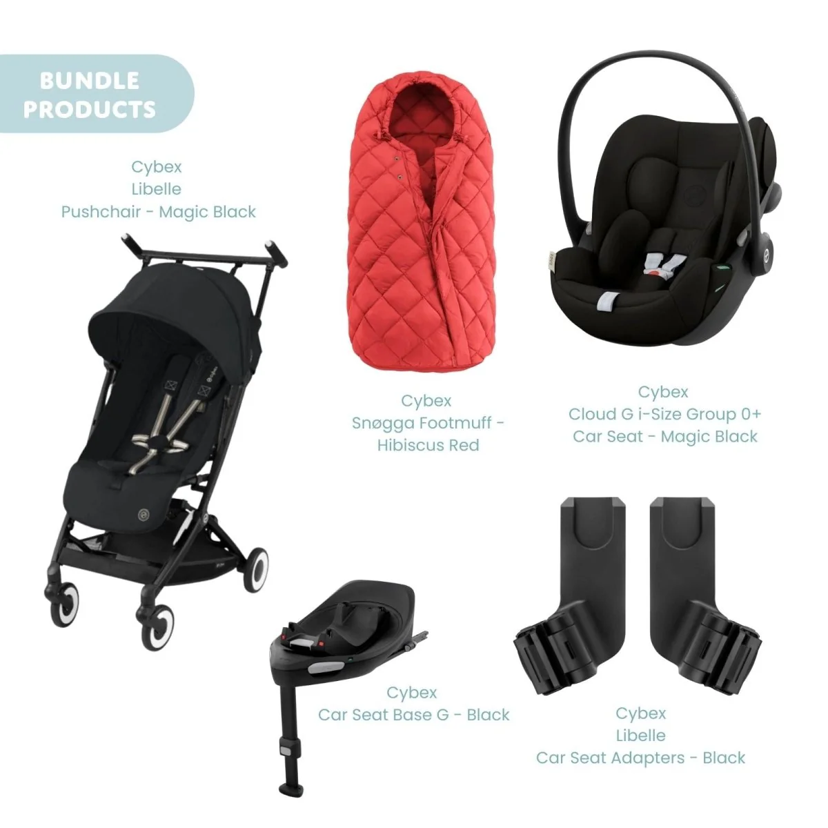 Cybex Libelle Pushchair with Cloud G Car Seat & Base & Snøgga Footmuff Travel System Bundle - Magic Black