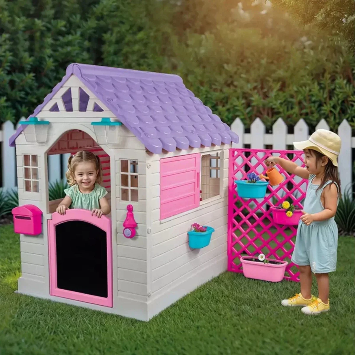 Dolu Deluxe Garden Playhouse with Fence – Pink - Image 4