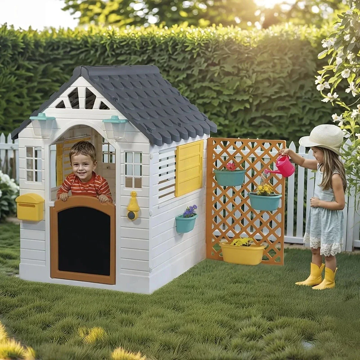Dolu Deluxe Garden Playhouse with Fence – White - Image 6