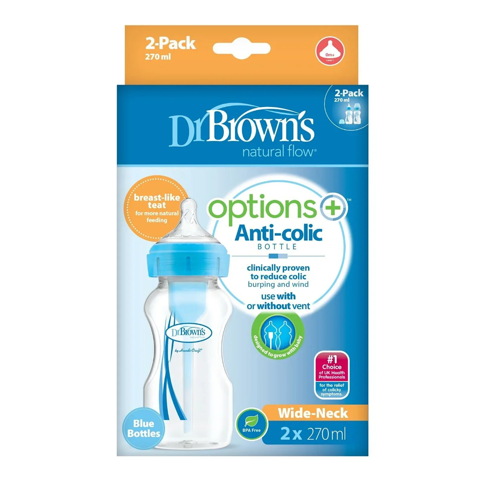 Dr. Brown's Options+ Anti-Colic Baby Bottle Wide Neck Blue 270ml Pack of 2 - Image 2