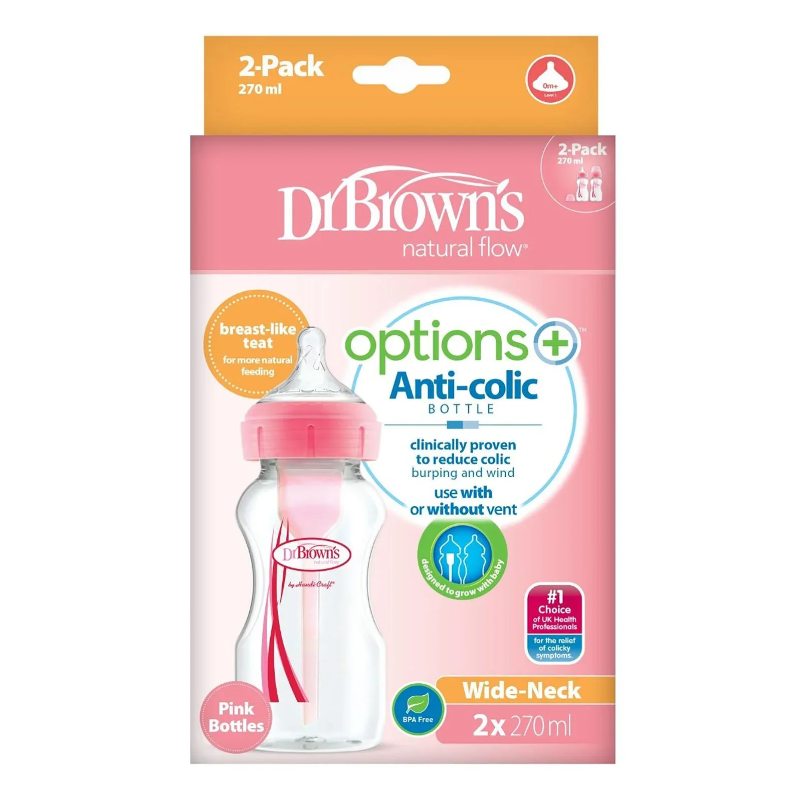Dr. Brown's Options+ Anti-Colic Baby Bottle Wide Neck Pink 270ml Pack of 2 - Image 2