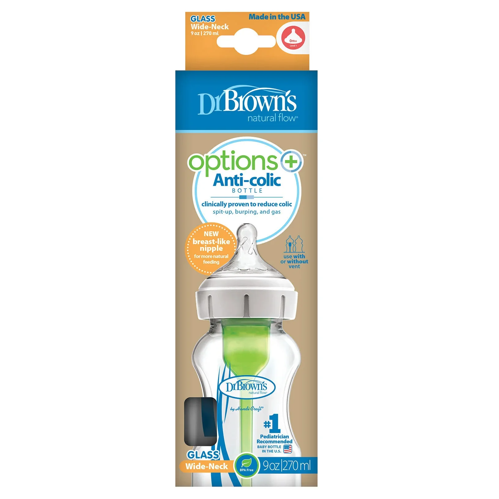 Dr. Brown's Options+ Anti-Colic Wide Neck Glass Baby Bottle 270ml - Image 2
