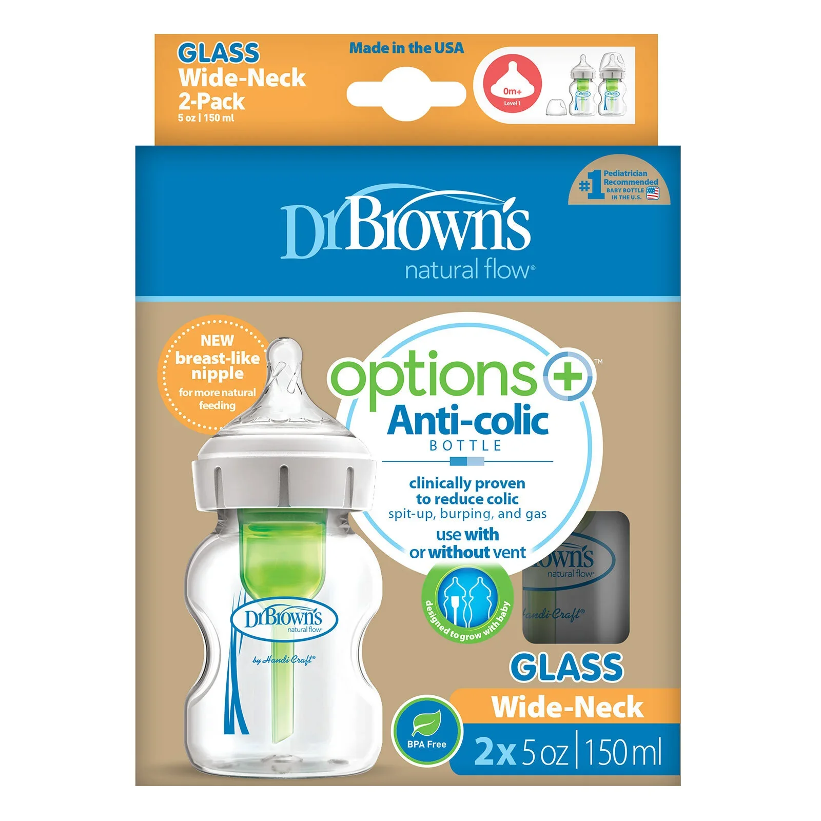Dr. Brown's Options+ Wide Neck Anti-Colic Glass Bottle 150ml Pack of 2 - Image 2