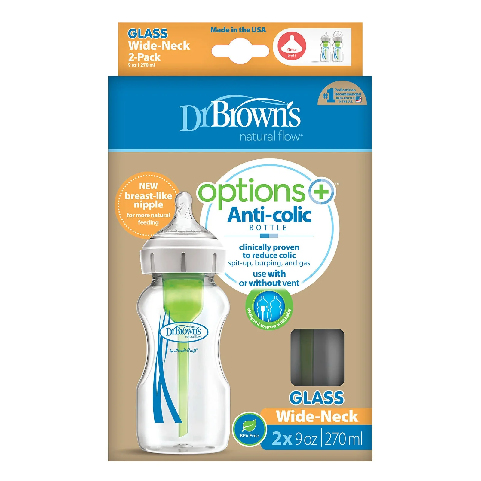 Dr. Brown's Options+ Wide Neck Anti-Colic Glass Bottle 270ml Pack of 2 - Image 2