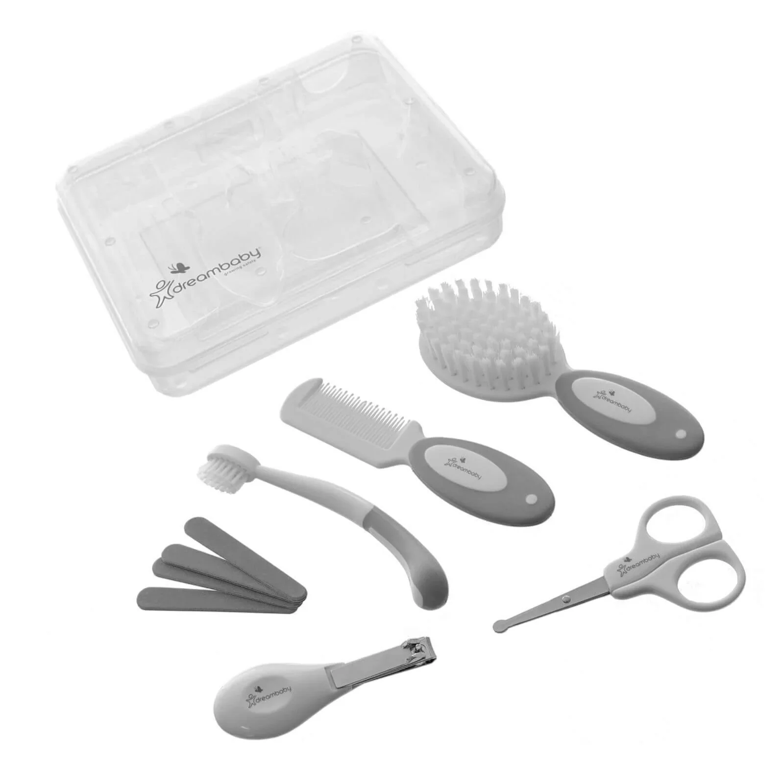 Dreambaby Essentials Deluxe (Ergo Handle) 10 pcs Grooming Kit in Clear Hard Case - Grey - Image 2