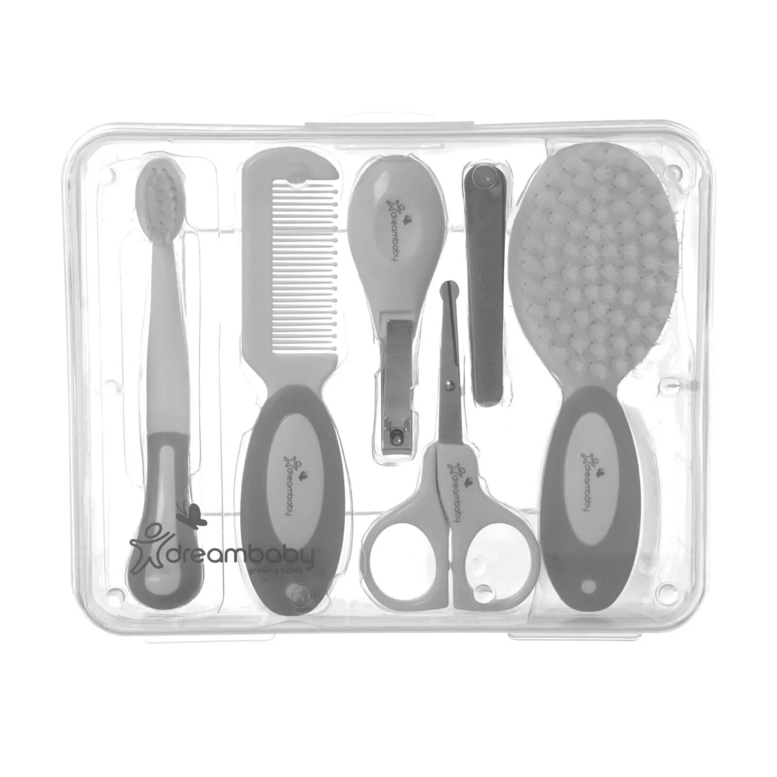 Dreambaby Essentials Deluxe (Ergo Handle) 10 pcs Grooming Kit in Clear Hard Case - Grey - Image 3