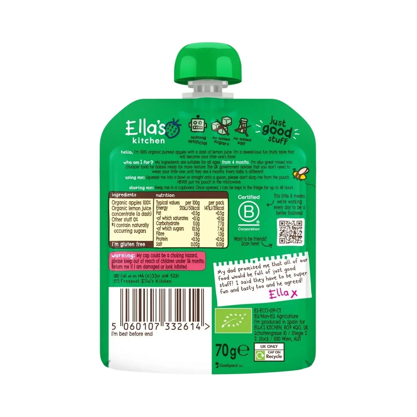 Ella's Kitchen Organic Apples First Tastes Baby Food Pouch 4+ months 70g - Image 2