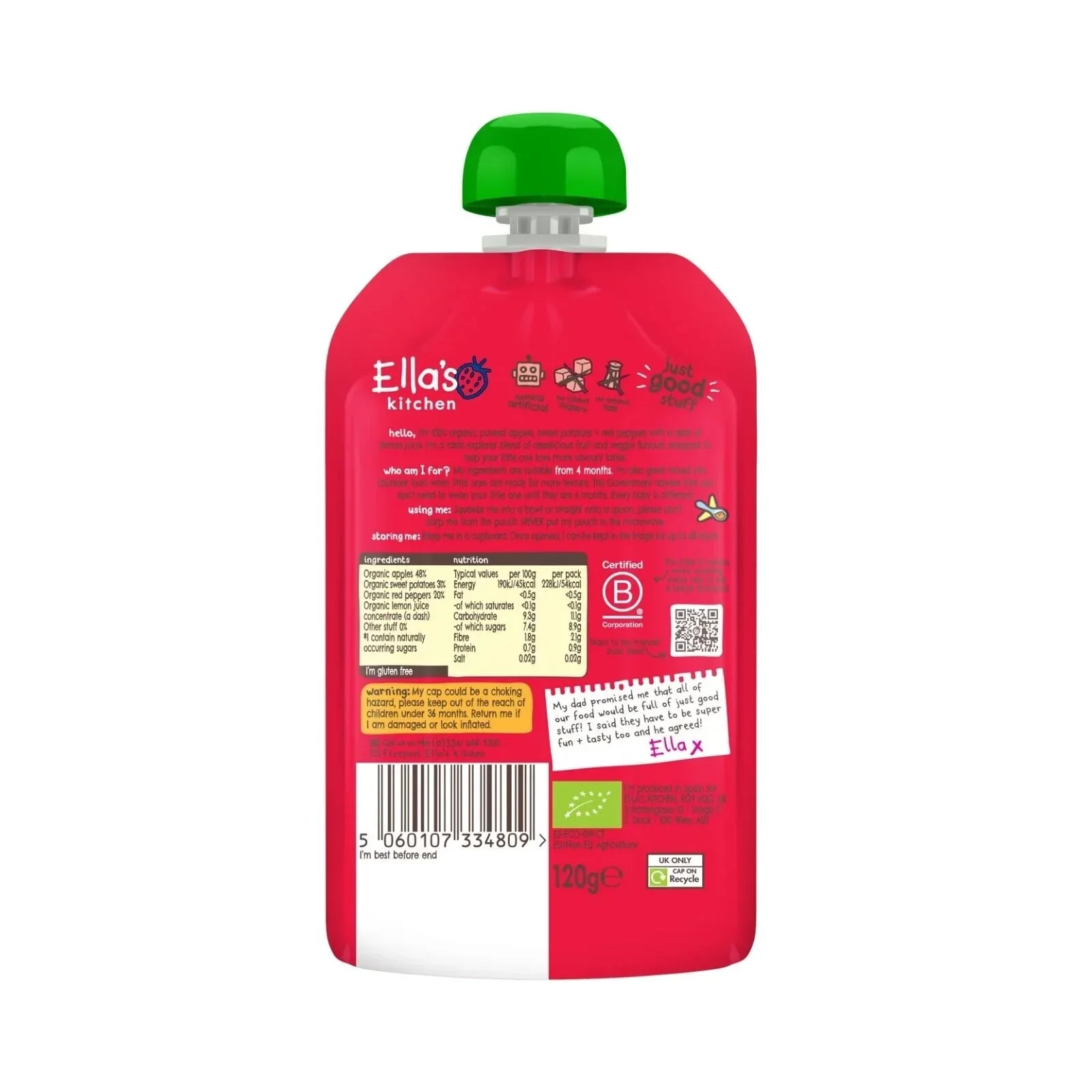 Ella's Kitchen Organic Apples Sweet Potatoes & Peppers Baby Pouch 4+ months 120g - Image 2