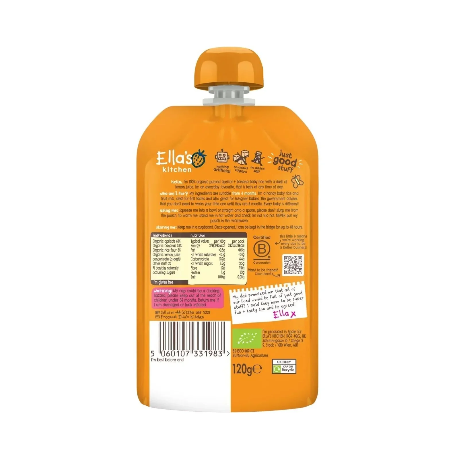 Ella's Kitchen Organic Apricot & Banana Baby Rice Baby Food Pouch 4+ months 120g - Image 2