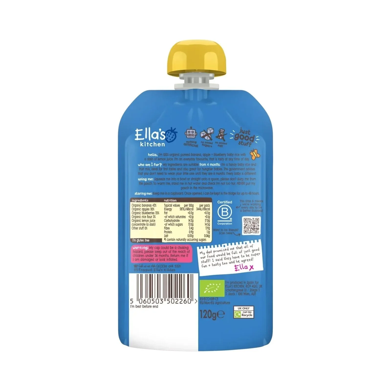 Ella's Kitchen Organic Banana & Blueberries Baby Rice Pouch 4+ months 120g - Image 2