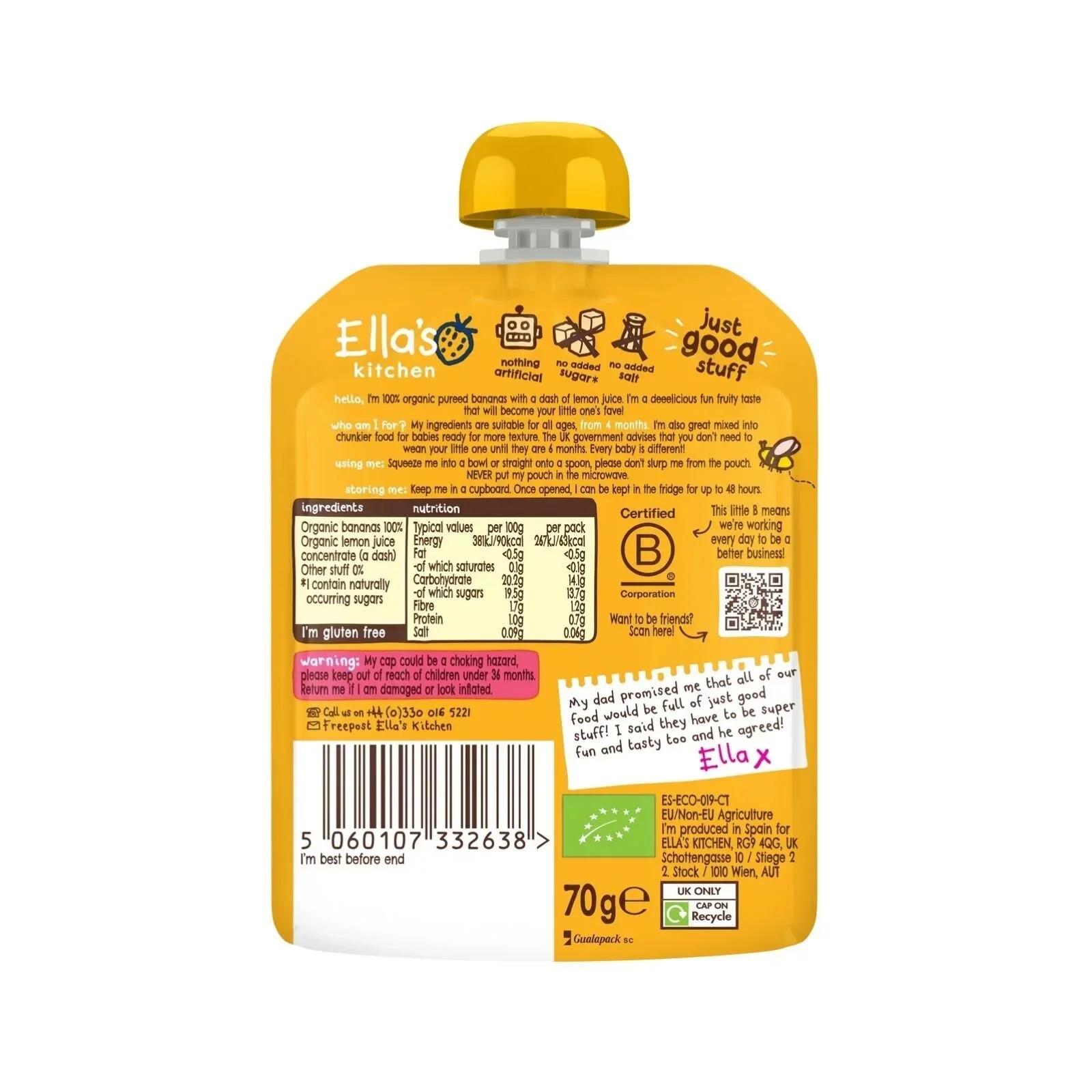 Ella's Kitchen Organic Bananas First Tates Baby Food Pouch 4+ months 70g - Image 3