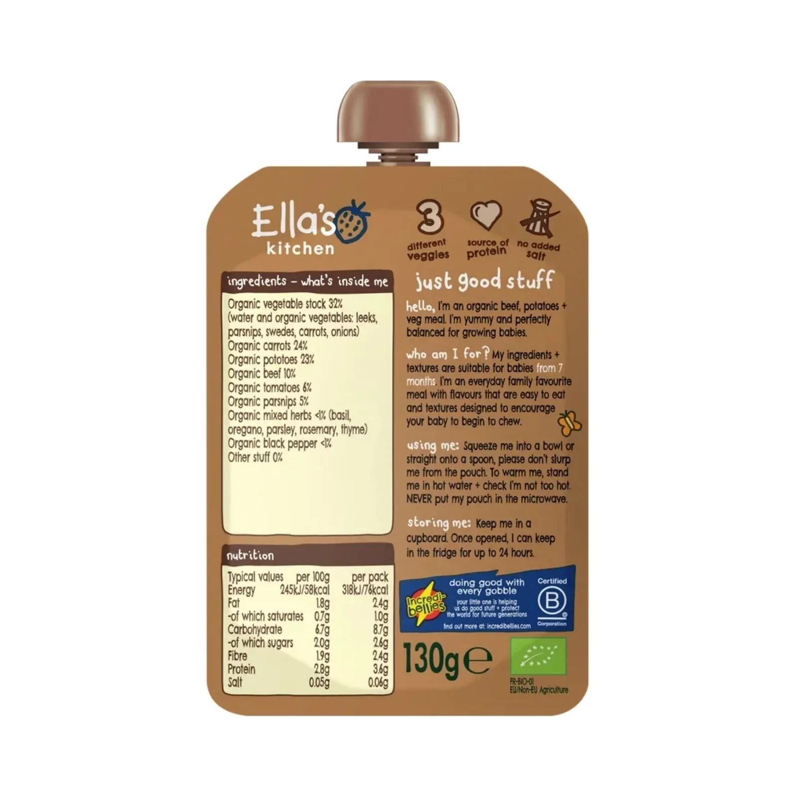 Ella's Kitchen Organic Beef Stew Baby Food Pouch 7+ months 130g - Image 2
