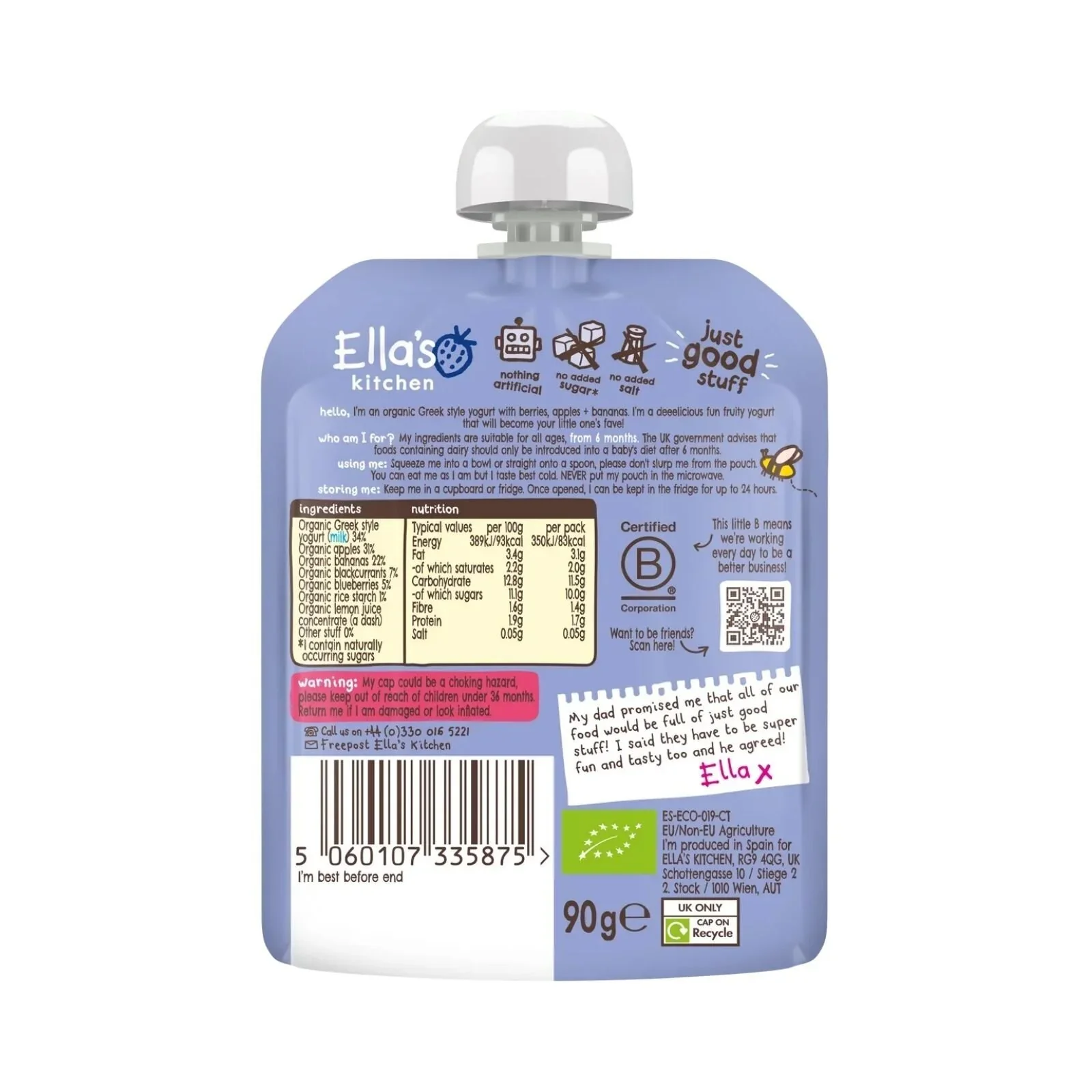 Ella's Kitchen Organic Berry Greek Style Yoghurt Baby Food Pouch 6+ months 90g - Image 2
