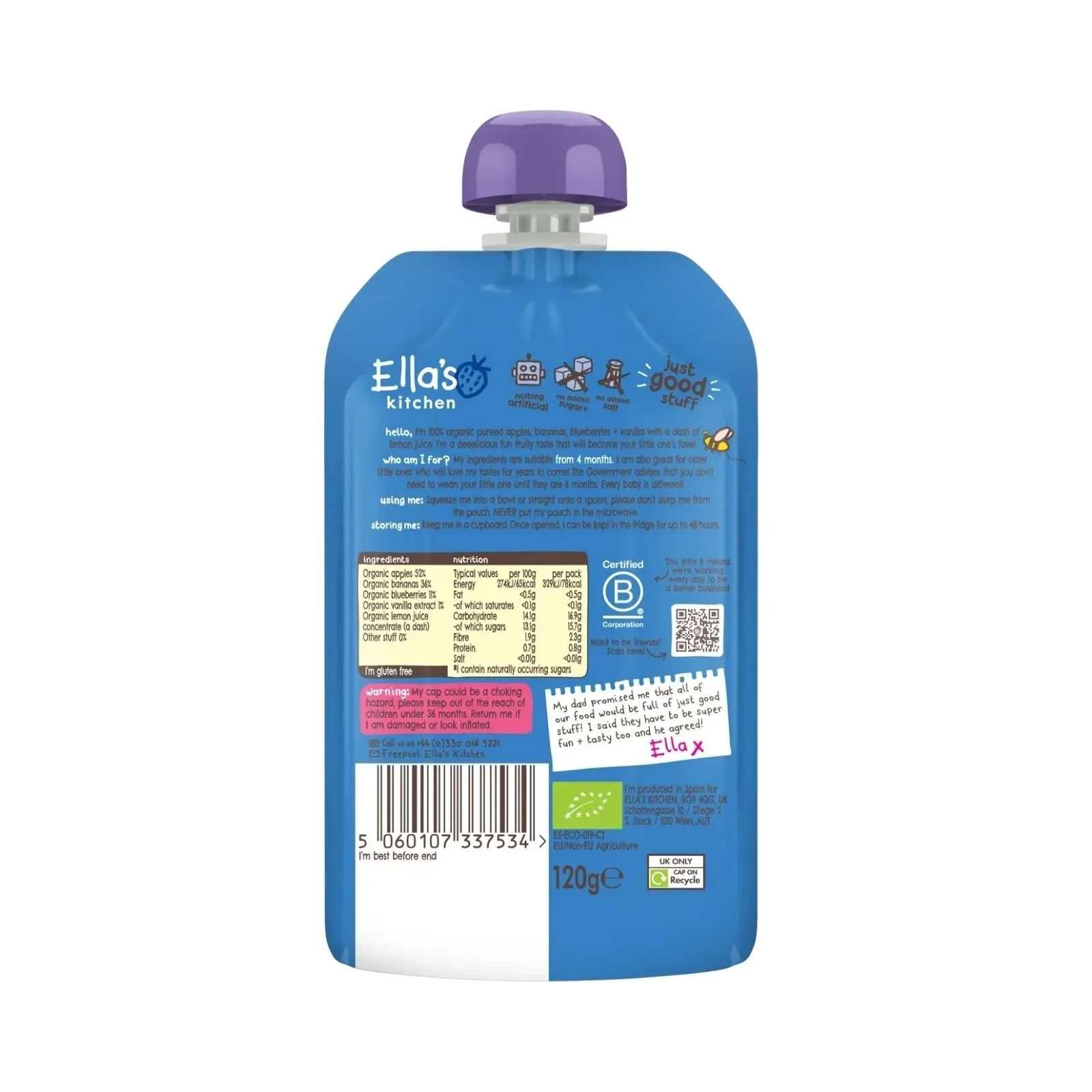 Ella's Kitchen Organic Blueberries Apples Bananas & Vanilla Baby Food Pouch 4+ months 120g - Image 2