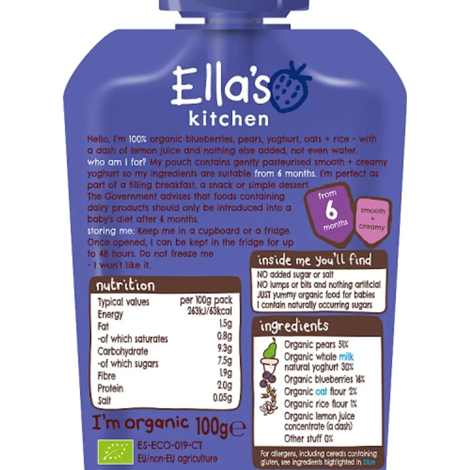 Ella's Kitchen Organic Blueberry & Pear Baby Brekkie Pouch 6+ months 100g - Image 2
