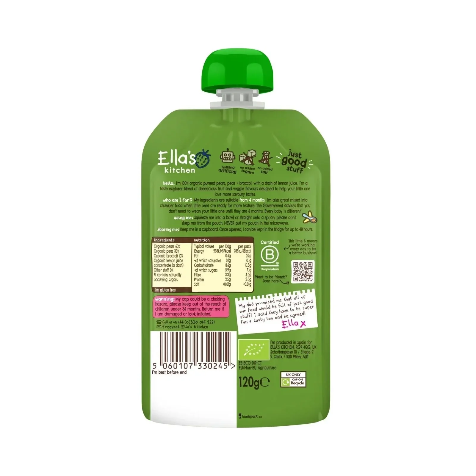 Ella's Kitchen Organic Broccoli Pears & Peas Pouch 4+ months 120g - Image 2