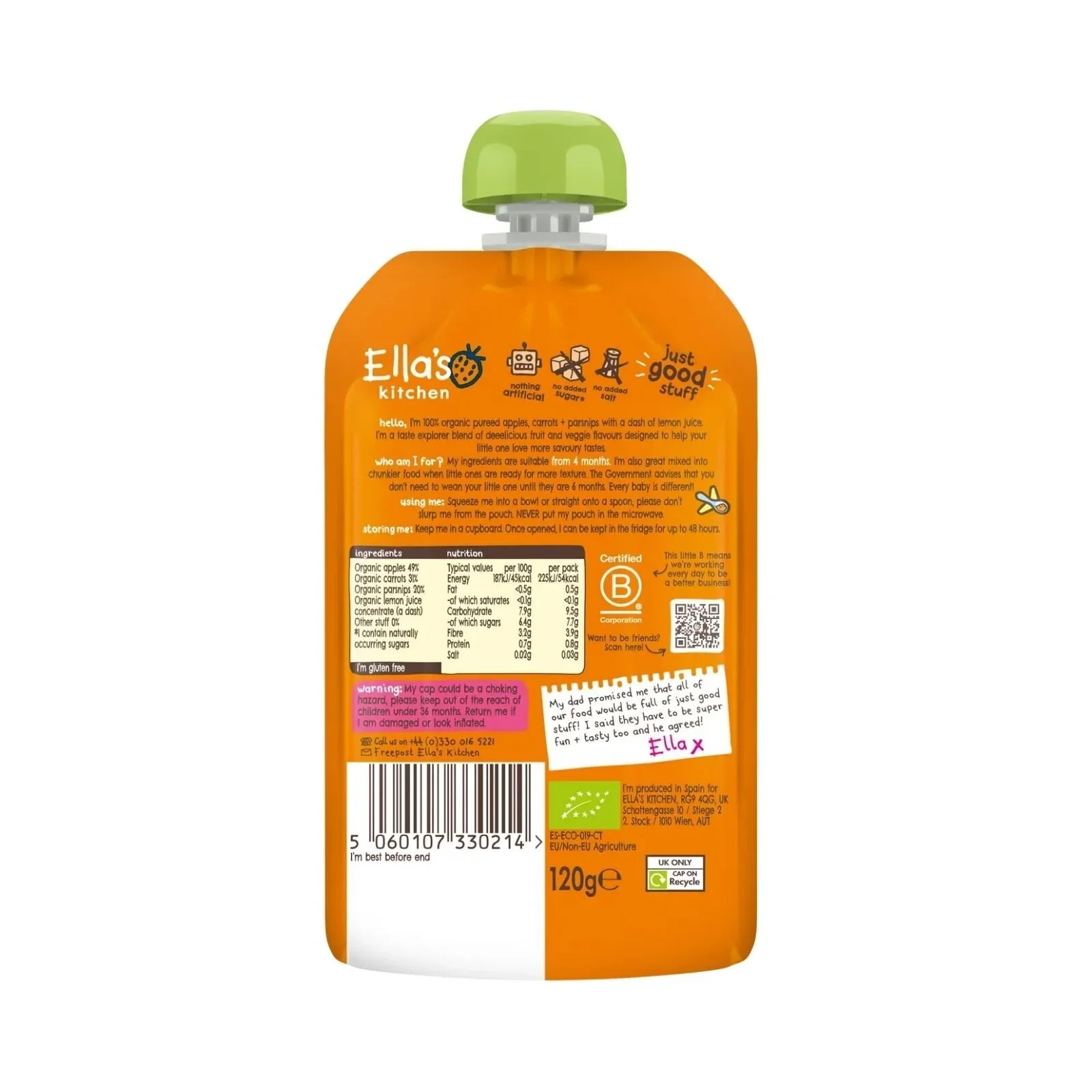 Ella's Kitchen Organic Carrots Apples & Parsnips Baby Food Pouch 4+ months 120g - Image 2