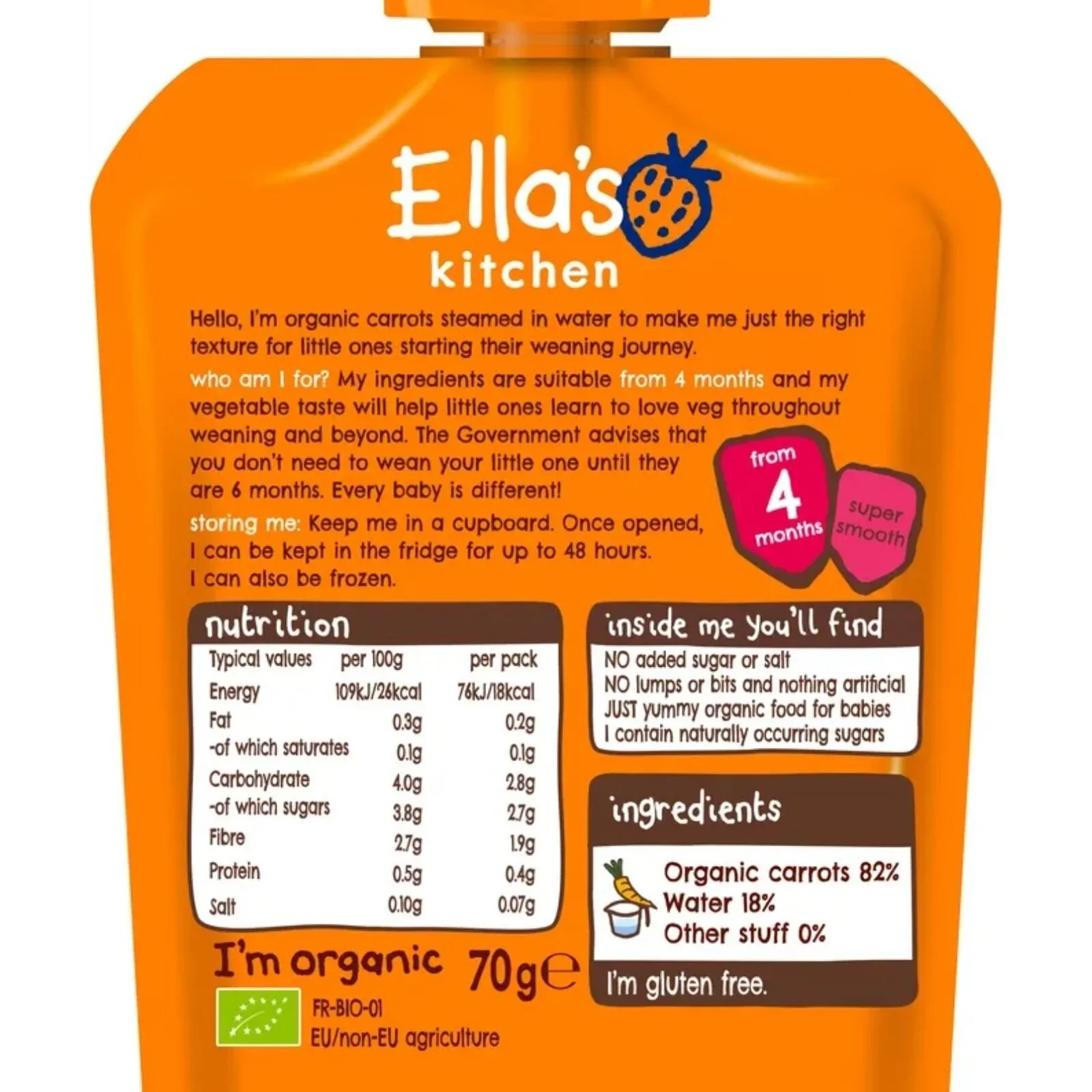 Ella's Kitchen Organic Carrots First Taste Baby Food Pouch 4+ months 70g - Image 3