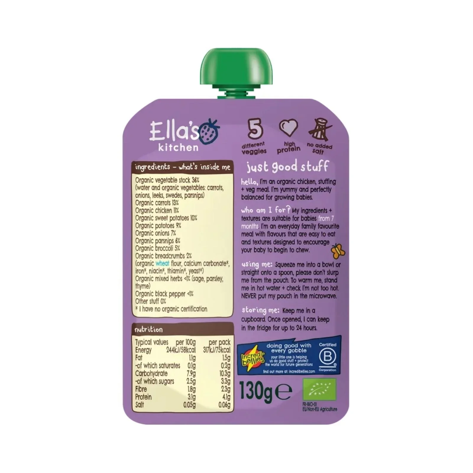 Ella's Kitchen Organic Chicken Roast Dinner Baby Food Pouch 7+ months 130g - Image 2