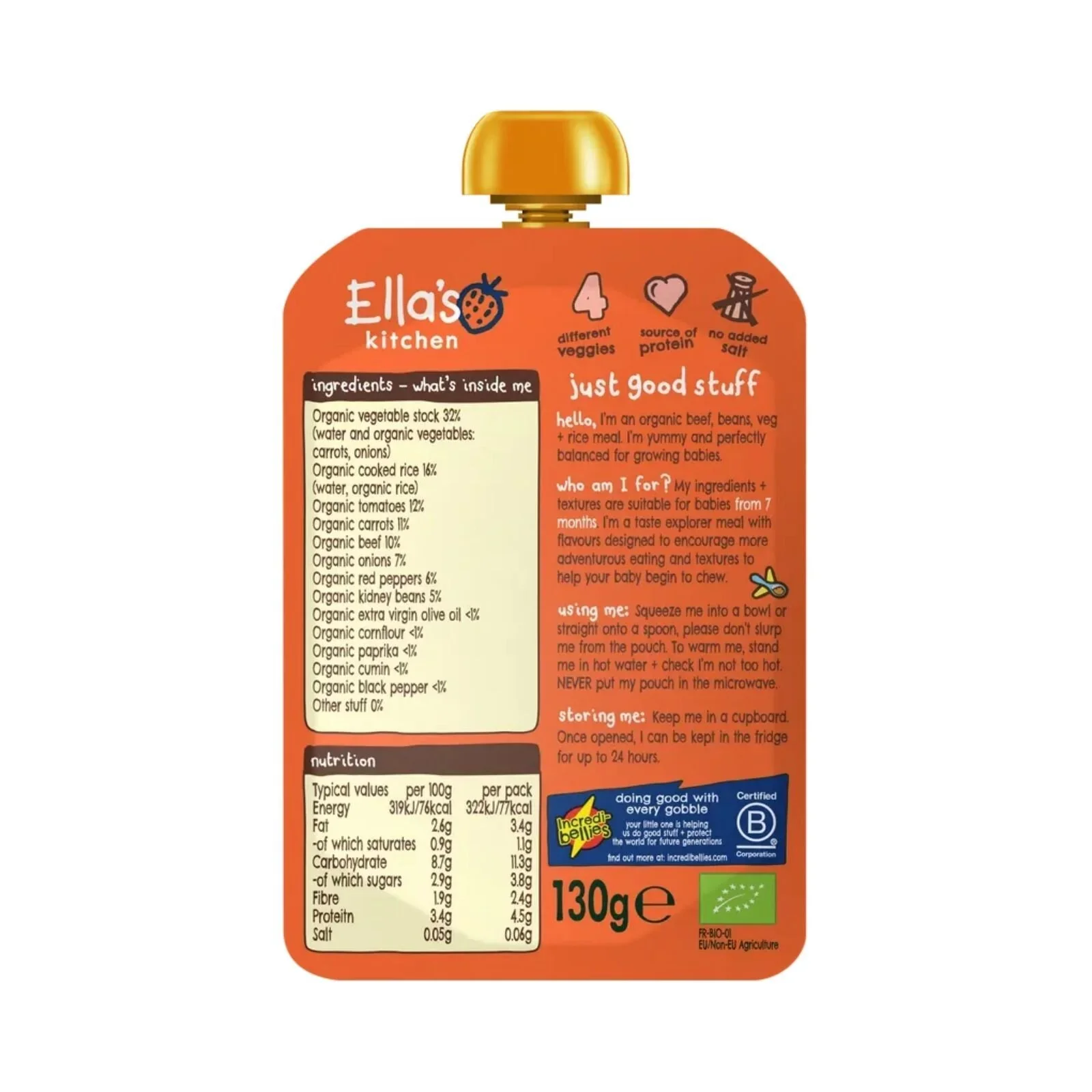 Ella's Kitchen Organic Chilli Con Carne Baby Food Pouch 7+ months 130g - Image 2