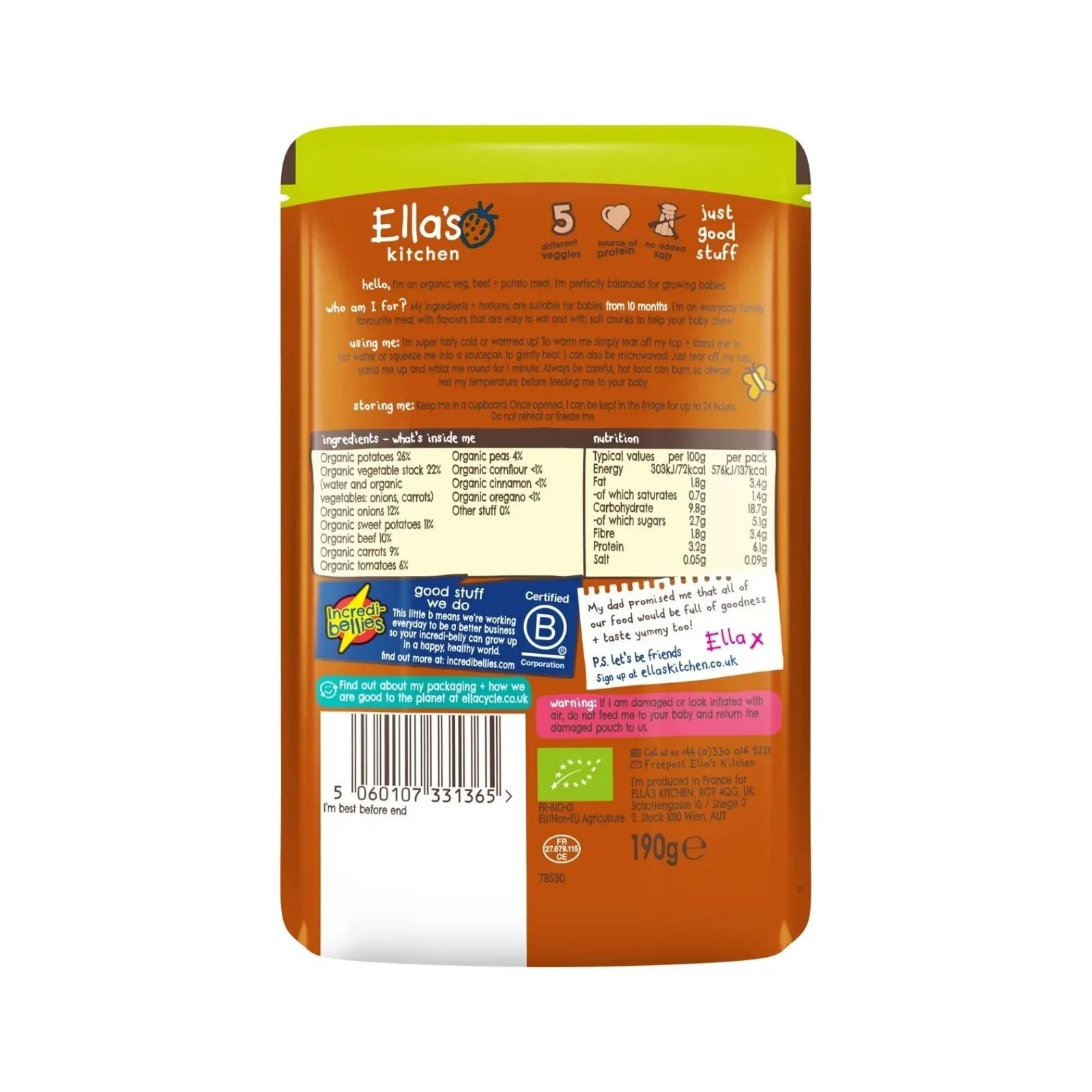 Ella's Kitchen Organic Cottage Pie Baby Food Pouch 10+ months 190g - Image 2