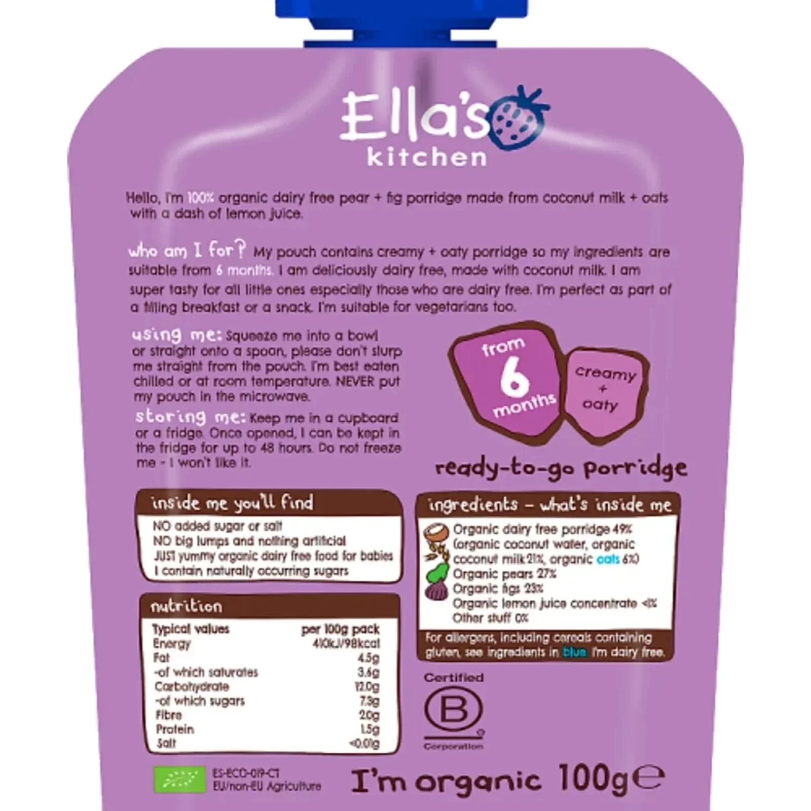 Ella's Kitchen Organic Dairy Free Pear & Fig Porridge Baby Food Pouch 6+ months 100g - Image 2