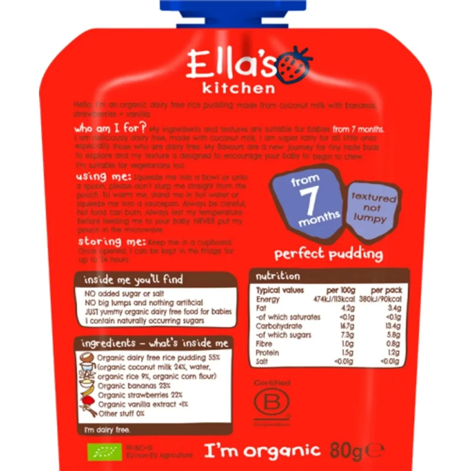 Ella's Kitchen Organic Dairy Free Rice Pudding with Bananas & Strawberries Baby Pouch 7+ months 80g - Image 2