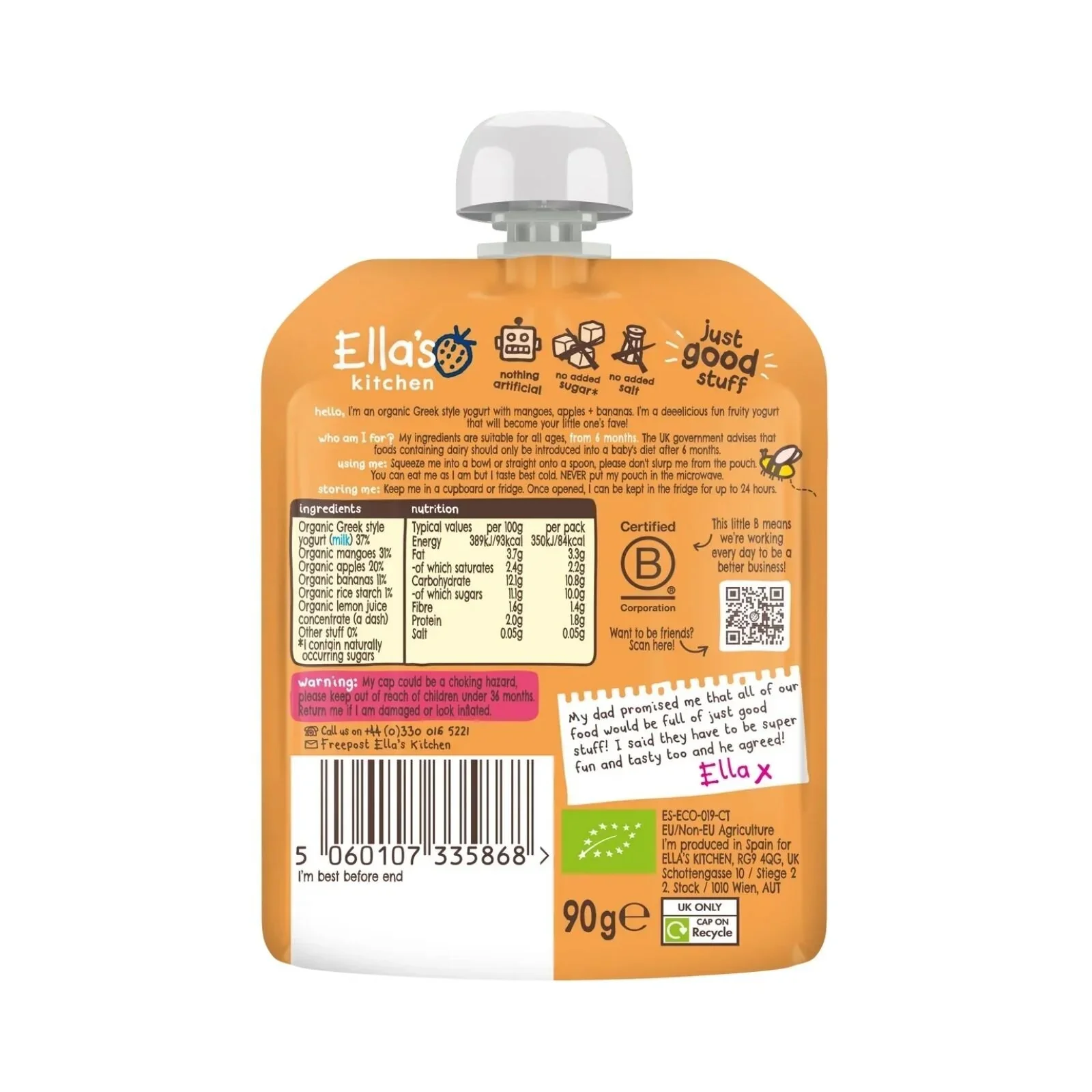 Ella's Kitchen Organic Mango Greek Style Yoghurt Baby Food Pouch 6+ months 90g - Image 2