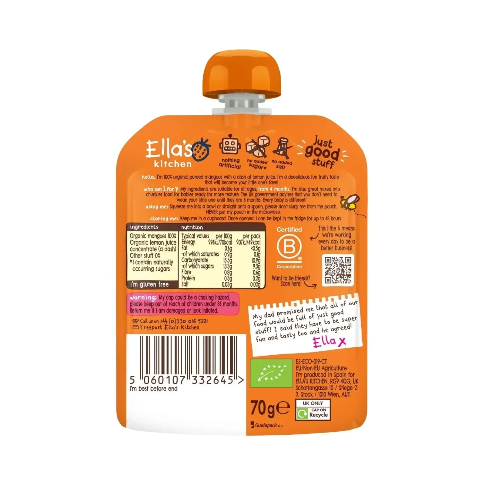 Ella's Kitchen Organic Mangoes First Tastes Baby Food Pouch 4+ months 70g - Image 2