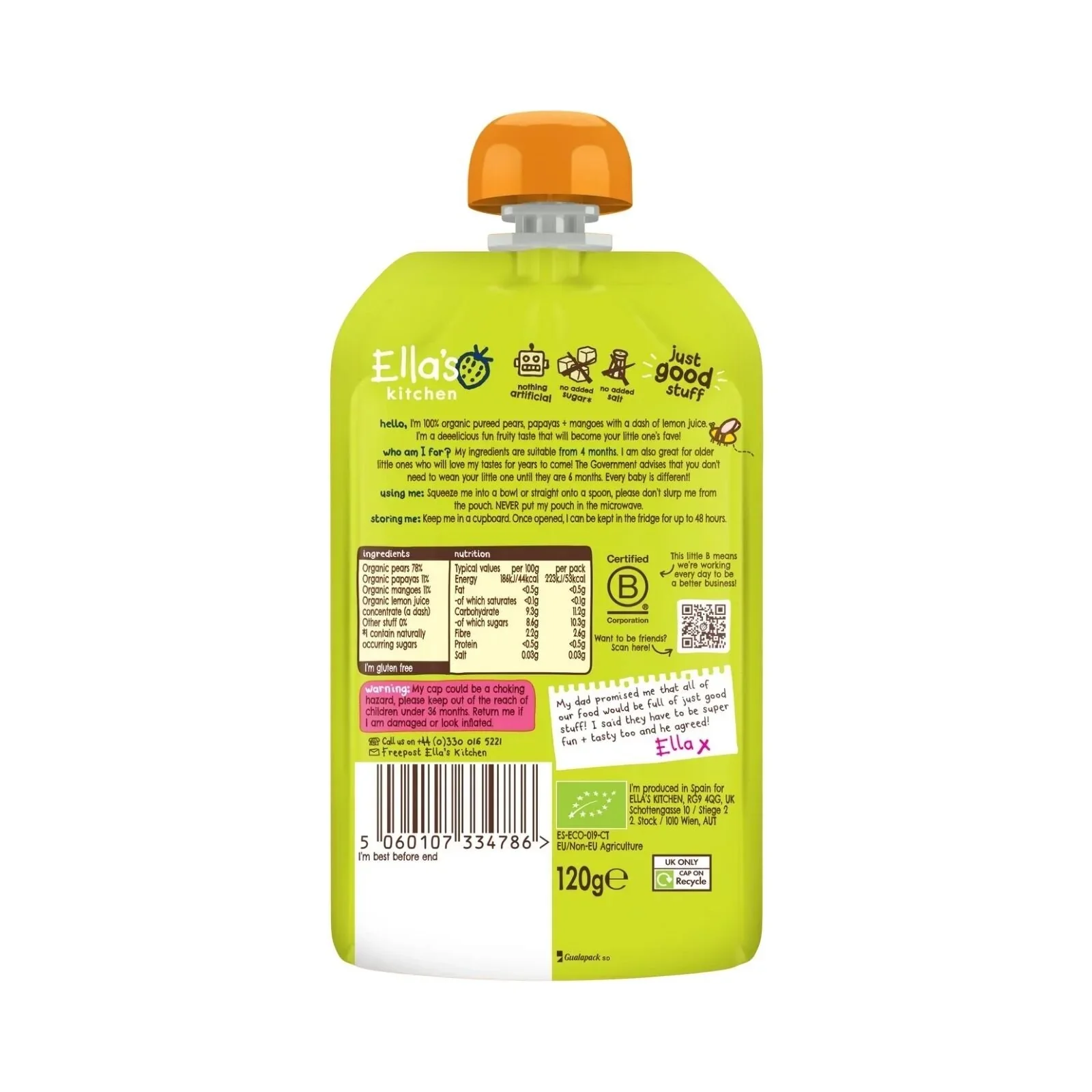 Ella's Kitchen Organic Mangoes Pears & Papaya Baby Food Pouch 4+ months 120g - Image 2