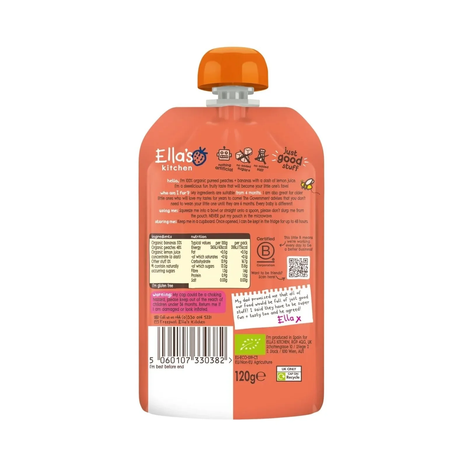 Ella's Kitchen Organic Peaches & Bananas Baby Food Pouch 4+ months 120g - Image 2
