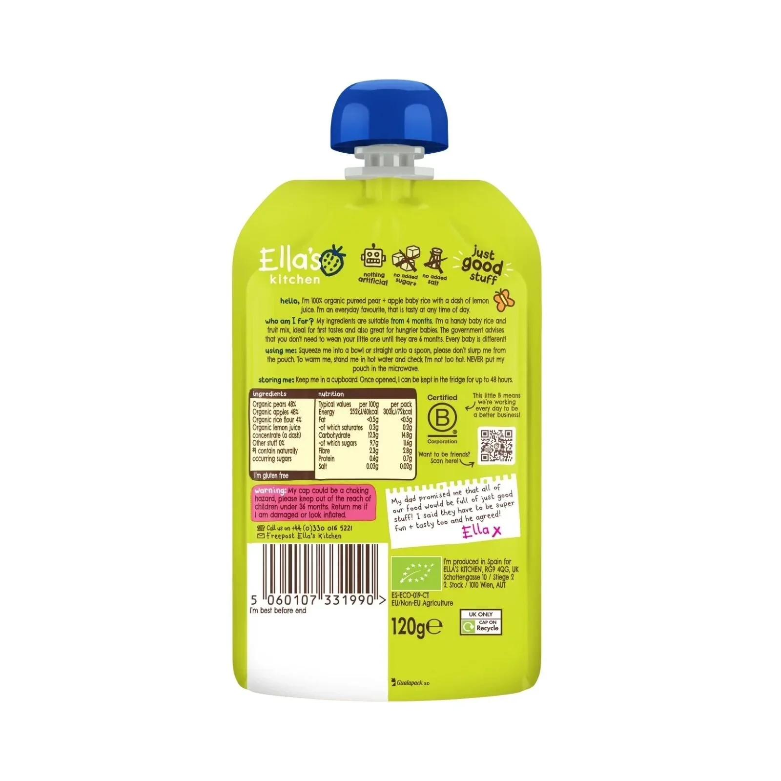 Ella's Kitchen Organic Pear & Apple Baby Rice Baby Pouch 4+ months 120g - Image 2