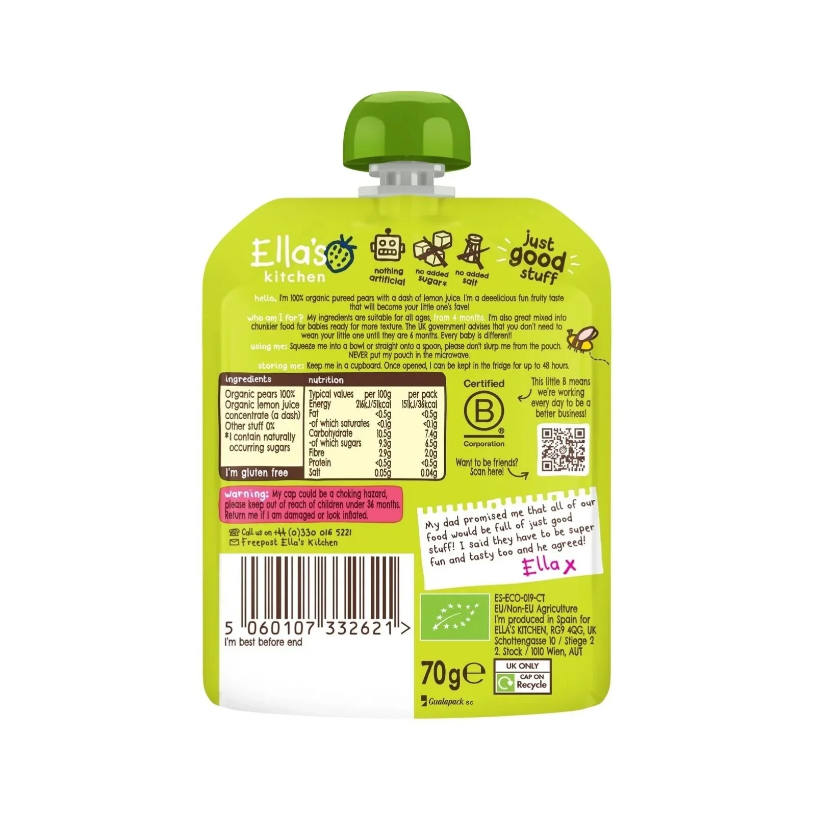 Ella's Kitchen Organic Pears First Tastes Baby Food Pouch 4+ months 70g - Image 2